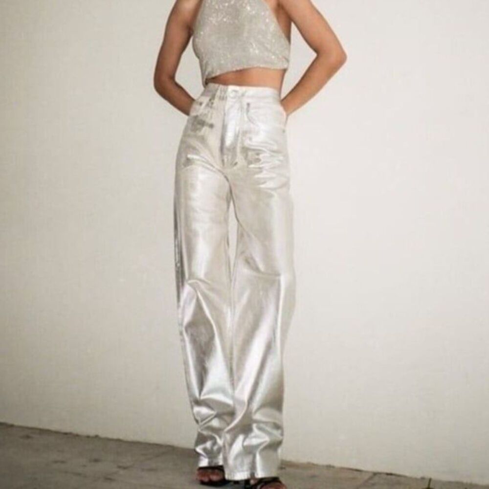 Zara mid rise boyfriend jeans metallic silver jeans size 4 NWOT - Picture 1 of 12